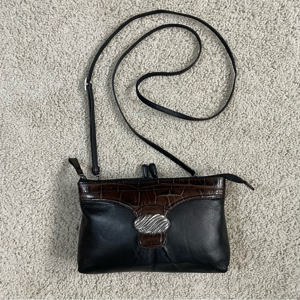 Vintage BRIGHTON Black LEATHER Brown MOC CROC Cross Body PURSE Designer BAG